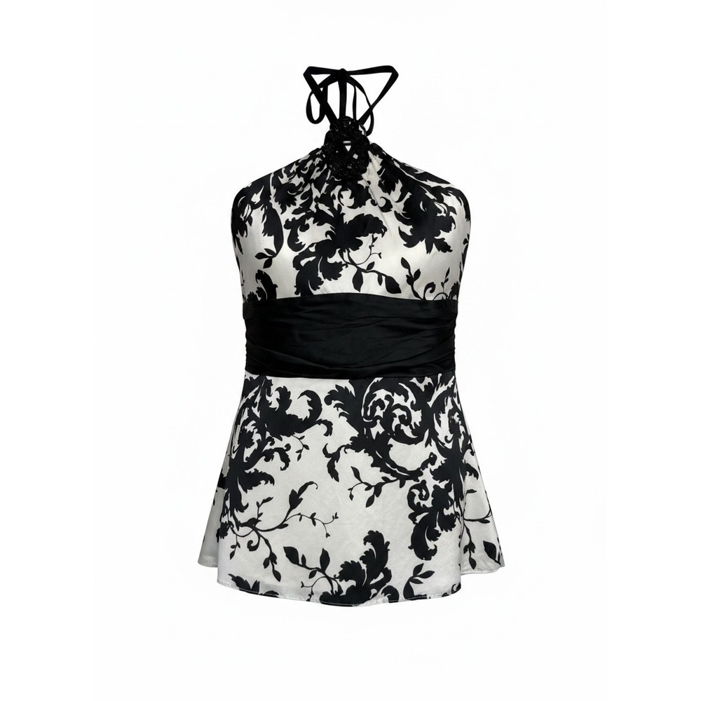 White House Black Market Halter Top Black White Damask Beaded Blouse Sz 4